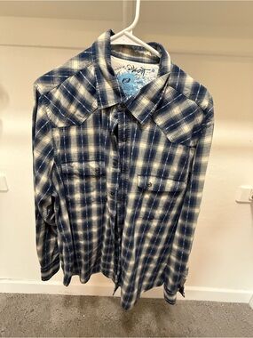 Men's Blue Plaid Casual Button-Down Shirt with Chest Pockets